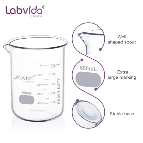 6pcs 600ml Upgrated Thick Glass Beakers, Griffin Low Form Beaker Set with Double Scale, 3.3 Boro, LVA030 - style: 6pcs of Vol.600ml