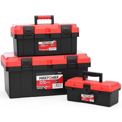 MAXPOWER 3-Pc Portable Plastic Tool Box Set 12" 16" 19", Lockable, Red - color: Red, size: 12" 16" 19"