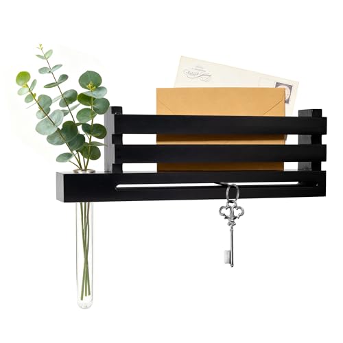 AELS Black Wall Mounted Key Holder with Acrylic Vase & Mail Organizer, Wooden Entryway Key Rack with 5.9" Test Tube Vase, Decorative Key Hanger with Slot for Keys and Letters, Gift Idea - color: Black