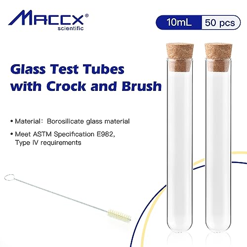 Glass Test Tubes with Cork and Brush, Vol.10ml/Dia.15x100mm, Pack of 50, 3.3 Borosilicate Glass, TTGS02-050 - style: 50pcs of Vol.10ml, with cork& brush
