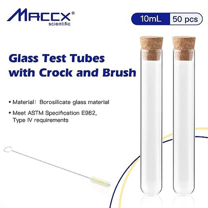Glass Test Tubes with Cork and Brush, Vol.10ml/Dia.15x100mm, Pack of 50, 3.3 Borosilicate Glass, TTGS02-050 - style: 50pcs of Vol.10ml, with cork& brush