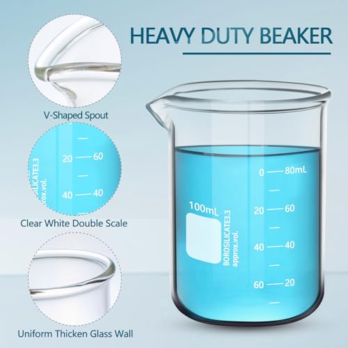 6PCS 100ml Glass Beakers Heavy Duty Beakers, White Double Scale Graduation, Borosilicate 3.3 Glass Lab Beaker, Low Form Griffin Measuring Beaker (6, 100ML) - size: 100ML