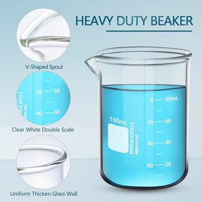 6PCS 100ml Glass Beakers Heavy Duty Beakers, White Double Scale Graduation, Borosilicate 3.3 Glass Lab Beaker, Low Form Griffin Measuring Beaker (6, 100ML) - size: 100ML