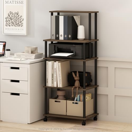 Furinno Turn-N-Tube 5-Tier Toolless Multipurpose Printer Stand Display Storage Shelf with Wheels, 16 (D) x 23 (W) x 54 (H) inches, Columbia Walnut/Black - color: Columbia Walnut/Black, size: 4-Tiers Storage