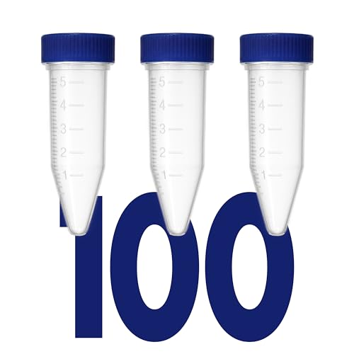 Kashi Scientific 5mL Screw Cap Conical Centrifuge Tubes, Sterile Test Tubes with Blue Lids, Lab-Grade Polypropylene Plastic, Printed Graduation and Write-on Spot [5mL Screw Cap, 100] - size: 5mL, Screw Cap