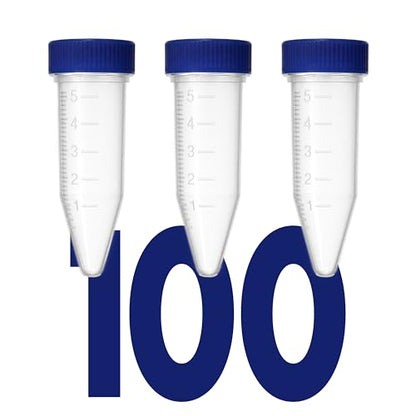 Kashi Scientific 5mL Screw Cap Conical Centrifuge Tubes, Sterile Test Tubes with Blue Lids, Lab-Grade Polypropylene Plastic, Printed Graduation and Write-on Spot [5mL Screw Cap, 100] - size: 5mL, Screw Cap