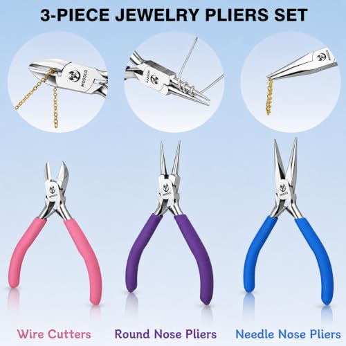 Jewelry Pliers Set, 3-Piece Mini Jewelry Making Tools with Round Nose, Chain Nose Pliers and Wire Cutter, Cr-V Steel Beading and Wire Wrapping Kit with Pink Carrying Pouch