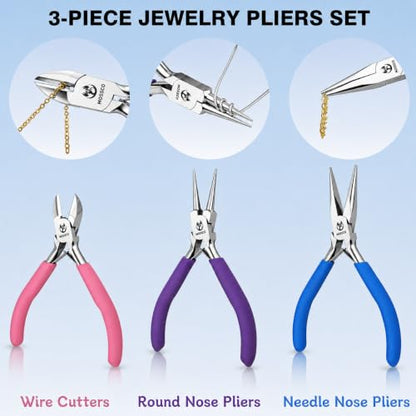 Jewelry Pliers Set, 3-Piece Mini Jewelry Making Tools with Round Nose, Chain Nose Pliers and Wire Cutter, Cr-V Steel Beading and Wire Wrapping Kit with Pink Carrying Pouch