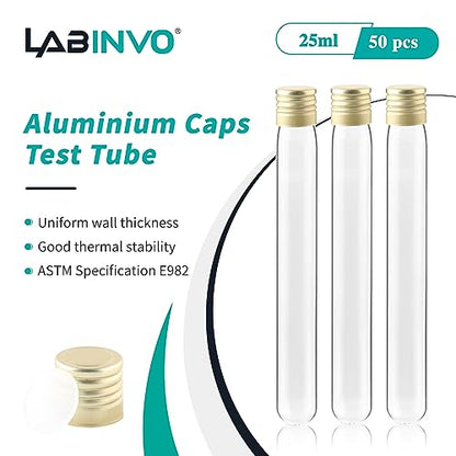 25ml Glass Test Tubes with Aluminium Caps, Round Bottom, Thickness 0.8-1.0, 18x145mm, Pack of 50, Used for Bath Salts, Party Decoration, Scientific Experiments, IN-TTG01 - style: 50 PCS of 25ml,with brush& caps