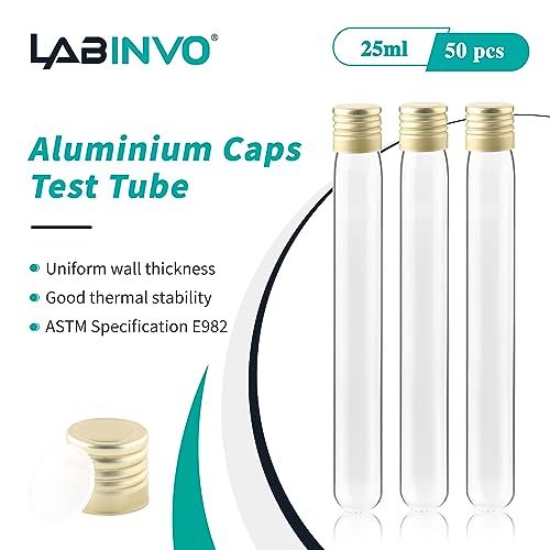 25ml Glass Test Tubes with Aluminium Caps, Round Bottom, Thickness 0.8-1.0, 18x145mm, Pack of 50, Used for Bath Salts, Party Decoration, Scientific Experiments, IN-TTG01 - style: 50 PCS of 25ml,with brush& caps