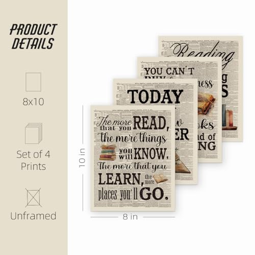 ETVISO Reading Posters For Library 8x10,Book Club Decorations,Library Decor,Book Lovers Gifts,Retro Vintage Wall Art For Reading Room Classroom Nursery,Set Of 4 Unframed - color: Reading, size: 8x10 in