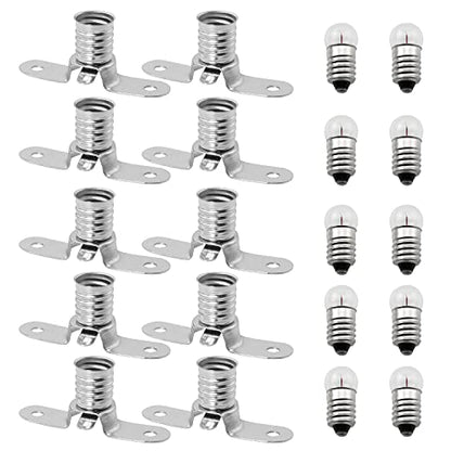 10PCS E10 2.5V/0.3A Miniature Screw Base Light Bulbs and 10PCS E10 Light Socket Bulbs Lamps Base Holders for Home Experiment Circuit Electrical Test Accessories