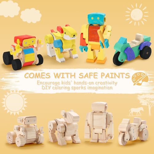 SainSmart Jr. Woodworking Building Kits for Kids, 4-in-1 Wood Building Kits for Kids STEM Projects Set, DIY Arts & Crafts Assembly Toys with Paints & Brushes, Ideal Gift for Boys and Girls