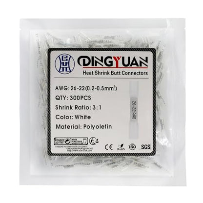 Heat Shrink Crimp Butt Connectors, 26-22 AWG, White, 300PCS - size: White 300PCS