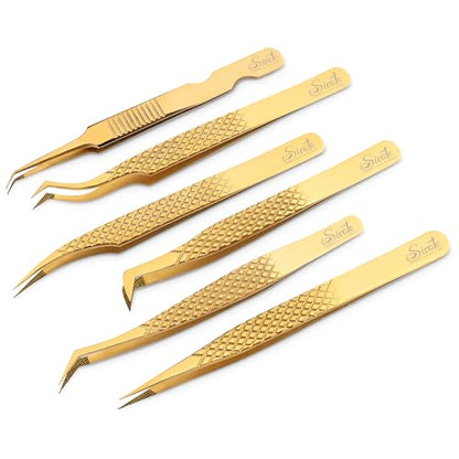 SIVOTE Eyelash Extension Tweezers Fiber Tips Japanese Steel, Set of 6 – Curved, Dolphin, 90° 45° Volume Boot & Slight Curved Tweezer – Professional Lash Tweezers for Lash Extensions Gold - color: Gold