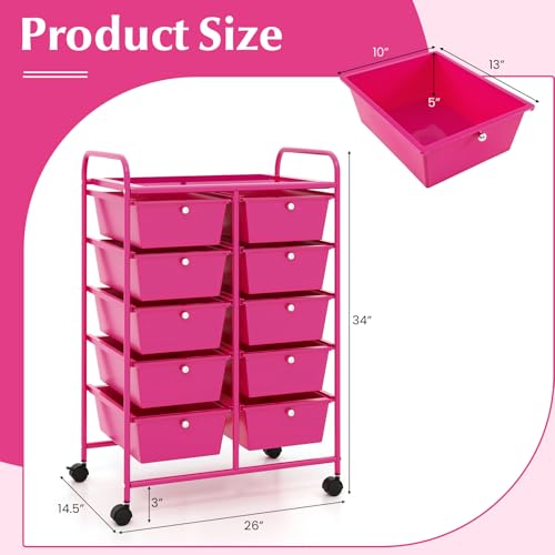 COSTWAY 10 Drawer Rolling Storage Cart, Utility Cart with Lockable Wheels - color: Hot Pink, size: 10 Drawer