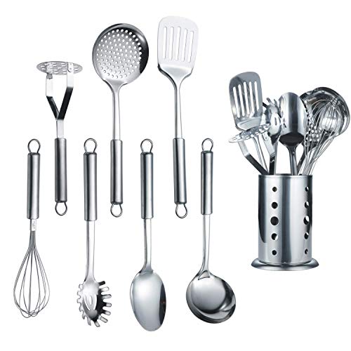 Berglander Cooking Utensil Set 8 Piece, Stainless Steel Kitchen Tool Set with Stand,Cooking Utensils, Slotted Tuner, Ladle, Skimmer, Serving Spoon, Pasta Server,Potato Maseher, Egg Whisk. （8 Pieces） - color: 8 Pieces