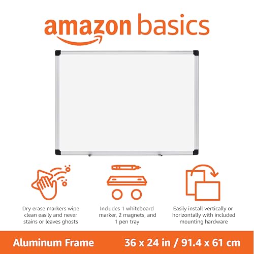 Amazon Basics Magnetic Dry Erase Whiteboard, 36"W x 24"H, Aluminum Frame, Silver/White, Easy to Install and Clean - color: Silver/White, size: 36"W x 24"H