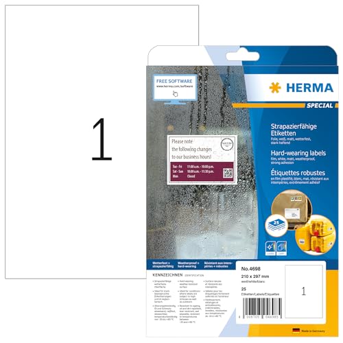 Herma Self Adhesive Heavy Duty Weatherproof Foil Labels, 1 Label Per A4 Sheet, 25 Labels for Laser Printers, 210 x 297 mm (4698) - size: 210 x 297 mm, style: 25 Sheets
