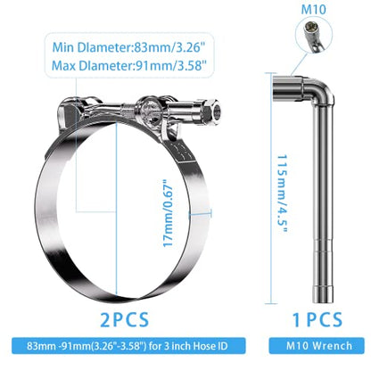2 Pack 3 Inch T Bolt Hose Clamps 83-91mm, Heavy Duty Stainless Steel Turbo Intercooler Clamps for Diesel Truck Intake Radiator Exhaust - size: 83-91mm(3.26"-3.58") 2Pcs