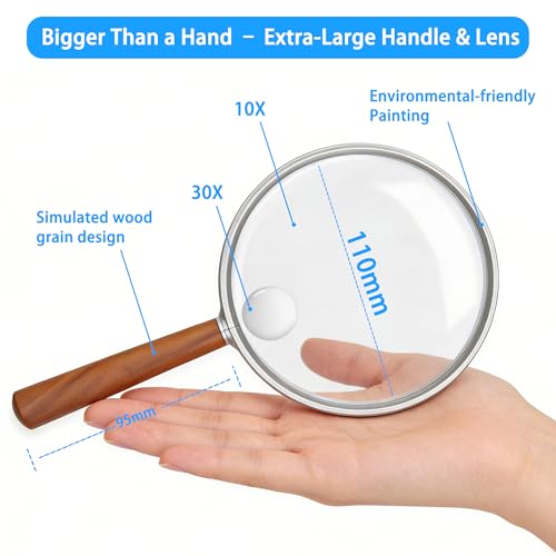 10X Handheld Magnifying Glass for Seniors, Reading, 4.3" Shatterproof Lens - color: Brown