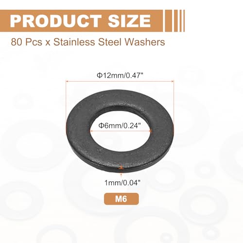 PATIKIL 80pcs M6 Stainless Steel Washers M6x12x1mm Flat Washers Metal - size: M6x12x1