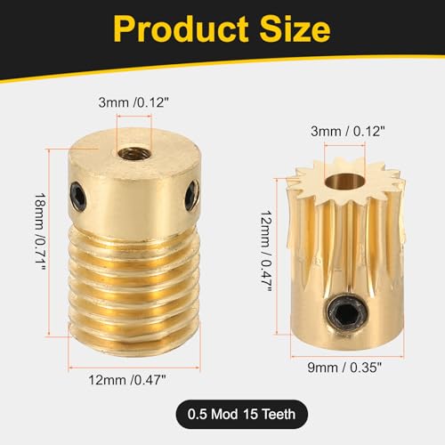 uxcell Worm Gear Set 15T 0.5 Module 15:1 Reduction Rate, Right Rotation Drive Gear Box Wheel Reduce Transmission Part (Brass Gear-3mm Bore, Brass Rod 3mm Bore) - size: Gear-3mm, Rod-3mm Bore, style: 0.5M-15T
