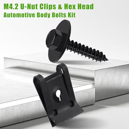 mxuteuk 50PCS M4.2 U-Nut Clips & Hex Head Automotive Body Fender Bolts Kit,for Most Cars Fender,Engine Undertray Cover, Engine Cover & Bumper Fender Liner - color: Black/M4.2