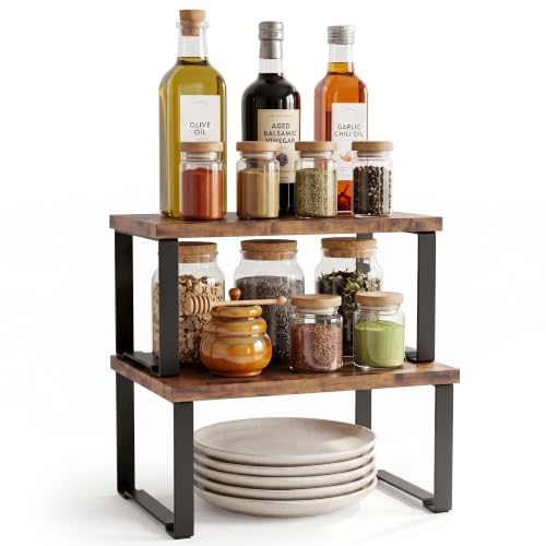 Cabinet Organizer Shelf, Counter Shelves Set of 2, Expandable Spice Rack,Kitchen Storage Riser,Stackable, for Kitchen, Countertop, Office Desk, Living Room, Rustic Brown - color: Rustic Brown, size: 2-Tier (8 Bottles)