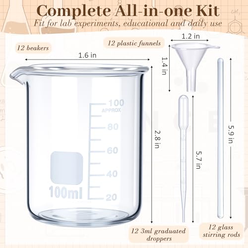 Tallew 48 Pcs 100ml Glass Beaker Set Including 12 Pcs 3.3 Borosilicate Lab Beaker, 12 Glass Stirring Rods, 12 Plastic Funnel and 12 Dropper for Lab and Perfume Making
