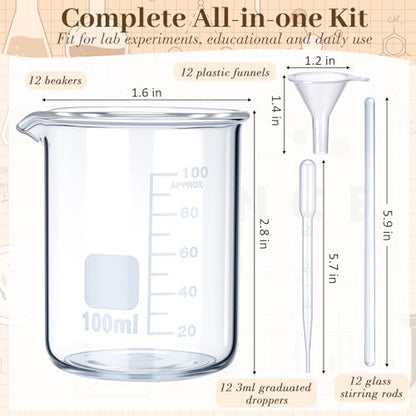 Tallew 48 Pcs 100ml Glass Beaker Set Including 12 Pcs 3.3 Borosilicate Lab Beaker, 12 Glass Stirring Rods, 12 Plastic Funnel and 12 Dropper for Lab and Perfume Making