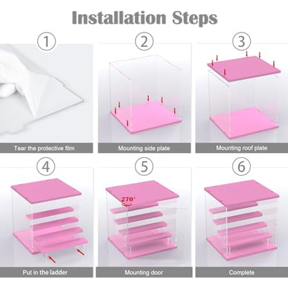 Acrylic Display Case for Collectibles, 5 Tier Figure Display Box with Door - color: Pink