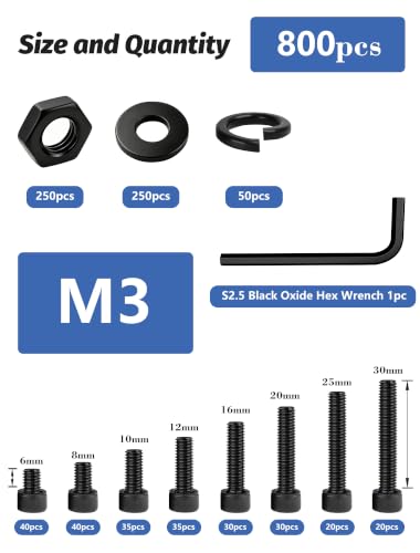 800PCS M3 Screws Assortment Kit, 12.9 Grade Alloy Steel Socket Head Cap Screws with Hex Nuts, Flat & Spring Lock Washers, Metric Bolt Set S2.5 Hex Key Included, Black Oxide, for 3D Printing - size: M3 800pcs