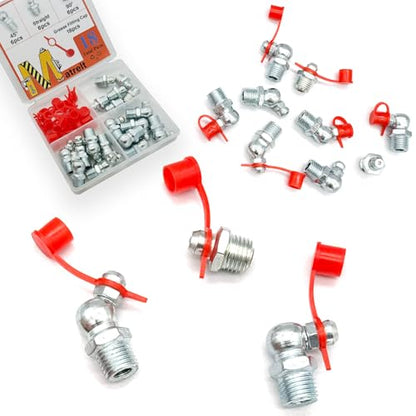 18Pcs 3/8"-24 Straight 45 90 Degree Grease Fitting Assortment Kit with Grease Zerk Fittings Caps, Galvanized Steel Hydraulic Grease Zerk for Industrial and Agricultural Machinery Cars Ships ets - size: 3/8"-24-18 Pcs
