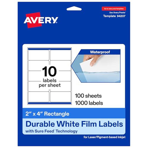 Avery® Printable Durable White Rectangle Labels, Sure Feed® Technology, 2" x 4", Waterproof Labels, Laser & Pigment-Based Inkjet Compatible, 1000 Total, Great for Product Branding, Marketing, and More - style: 1,000 labels