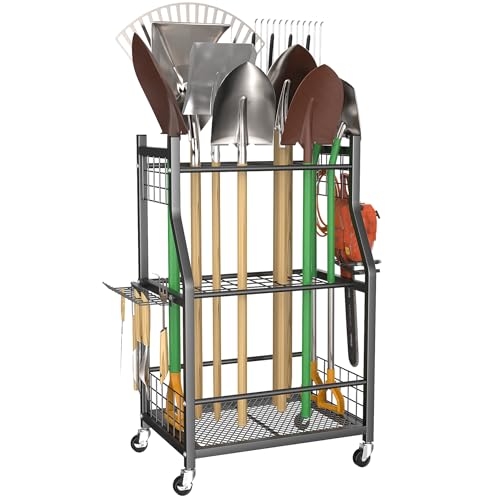 WALMANN Garden Tool Organizer with Wheels, Rakes/Shovels/Yard Tools Stand - size: 22.75 inch M