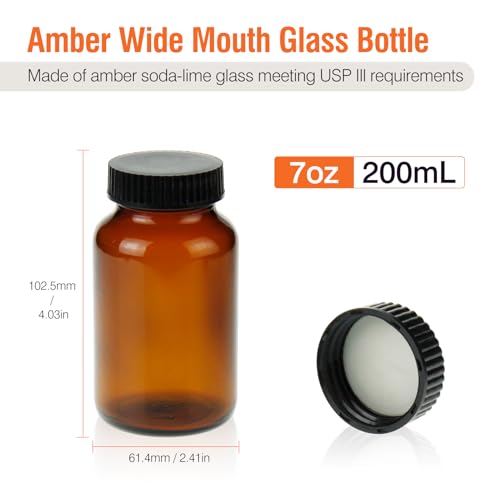 PEKYBIO 24 Pack 200ML Amber Glass Wide Mouth Packer Bottle with Cap - size: 200 mL (6.7 fl oz) Packer Bottle