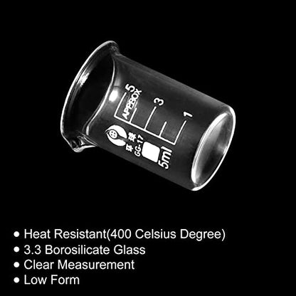 PATIKIL 3Pcs 5ml Low Form Glass Beaker, 3.3 Borosilicate Glass Graduated Printed Scale Measuring Cups with Spout for Kitchen Lab Liquids - size: 5ml