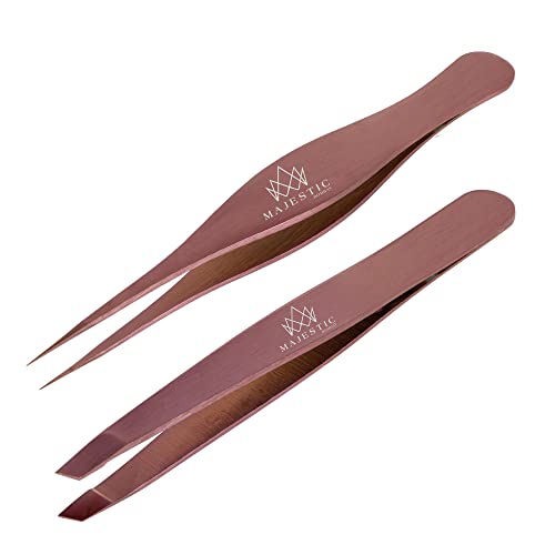 Majestic Bombay Precision Tweezers Set, Fine Point, Slant, Women and Men - color: Rose Gold
