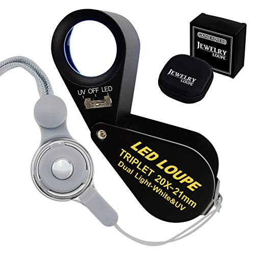 Jewelry Loupe 20X 21mm Triplet Lens Foldable Pocket Magnifying Glass with LED UV Light, Jewelers Loupe with Case Cloth Lanyard for Diamonds Gemstones Coins Stamps - color: 20x Magnification