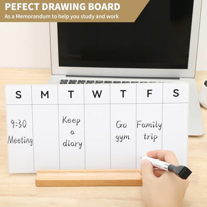 Desktop Glass Weekly Whiteboard with Detachable Wood Stand Weekly Dry Erase Board Weekly Calendar Whiteboard Weekly Planner to Do List White Board Desk Planner 11.8x5.86 for Office, Home, School - color: Beech-white-weekly Calendar Whiteboard