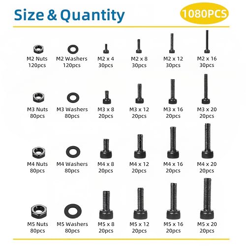 1080 Pcs M2 M3 M4 M5 Screws Assortment Kit, Metric Hex Socket Head Cap Screws Nuts Washers Kit with Wrenches Grade 12.9 Alloy Steel, Black Zinc Plated, Anti Rust Upgrade - size: M2-M5 1080Pcs 4mm-20mm