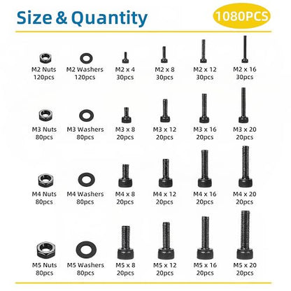 1080 Pcs M2 M3 M4 M5 Screws Assortment Kit, Metric Hex Socket Head Cap Screws Nuts Washers Kit with Wrenches Grade 12.9 Alloy Steel, Black Zinc Plated, Anti Rust Upgrade - size: M2-M5 1080Pcs 4mm-20mm