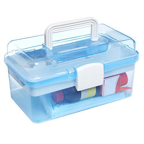 MyGift 10 Inch Blue Plastic Storage Box With Removable Tray Organizer