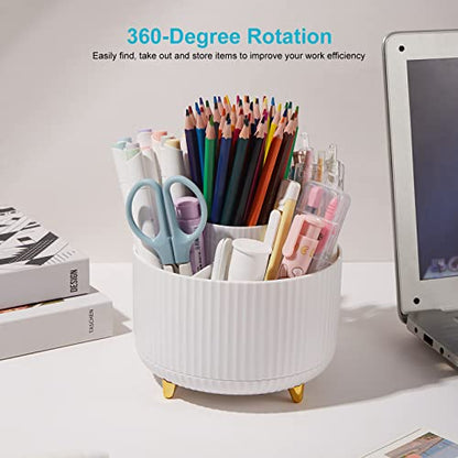 Desk Pencil Pen Holder - 5 Slot 360 Degree Rotating Desk Pen Organizer for Desktop Storage Stationery Supplies Cup Pot - White - color: White
