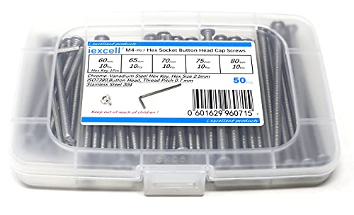 iexcell 50 Pcs M4 x 60/65/70/75/80 Stainless Steel 304 Hex Socket Button Head Cap Screws Bolts Assortment Kit - size: M4 x 60/65/70/75/80mm