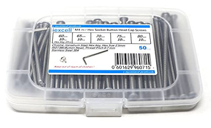 iexcell 50 Pcs M4 x 60/65/70/75/80 Stainless Steel 304 Hex Socket Button Head Cap Screws Bolts Assortment Kit - size: M4 x 60/65/70/75/80mm