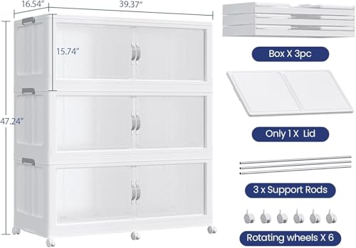 960QT Extra Large Stackable Storage Bins with Lid, 240Gal Plastic Closet Organizers and Storage Drawer, Collapsible Cabinet Box with Wheels Clear Doors for Home Kitchen Garage, 3Pack White - color: White, size: 320QT-3Pack