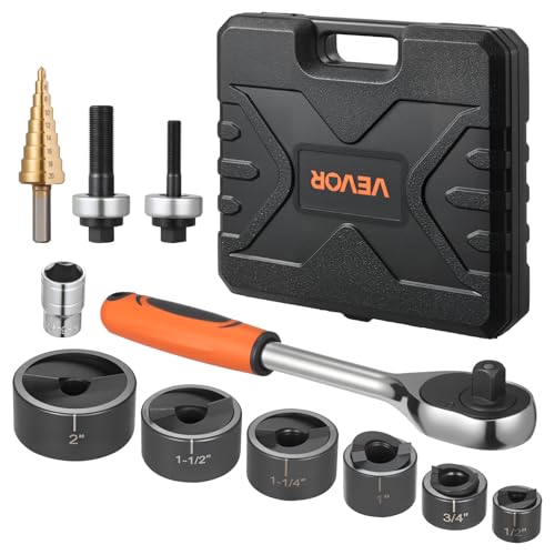 VEVOR Knockout Punch Set, 1/2 to 2 inch SLUG-Buster Ratchet Knockout Set, Ratchet Wrench Knockouts Punch Sets for Aluminum, Mild Steel, Fiberglass, Plastics, 6 Die Sizes, 40Cr Steel Ko Tool Kit - style: 1/2 to 2 inch SLUG-Buster Ratchet Knockout Set