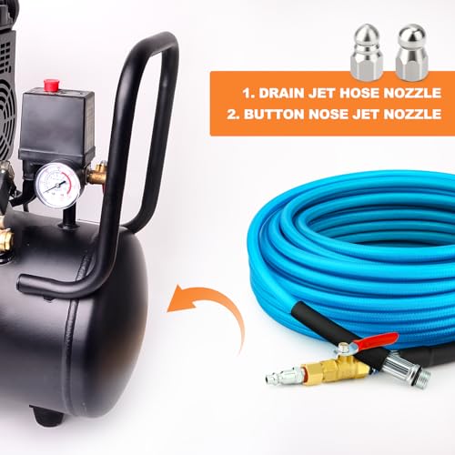 GASHER 50feet Home Dryer Vent Duct Cleaning Kit, 2 Jetter Nozzle, 1/4" NPT Ball Valve, 1/4" NPT Air Plug, 1/4"NPT Reducer Adapter - size: 50feet